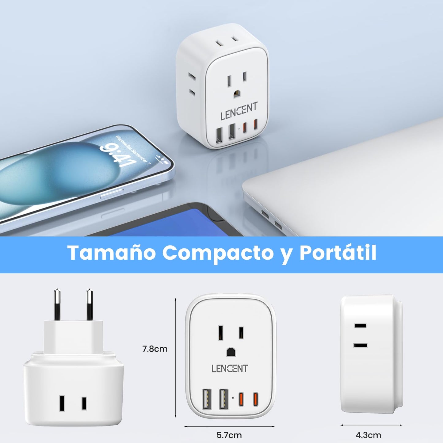 LENCENT 2X Adaptador de Enchufe de Viaje Europeo, Adaptador de Corriente para Europa, Cargador con 4 Salidas de CA&2 USB-A+2 USB-C, Adaptador para Viaje de México a Europa, Aprobado para Cruceros
