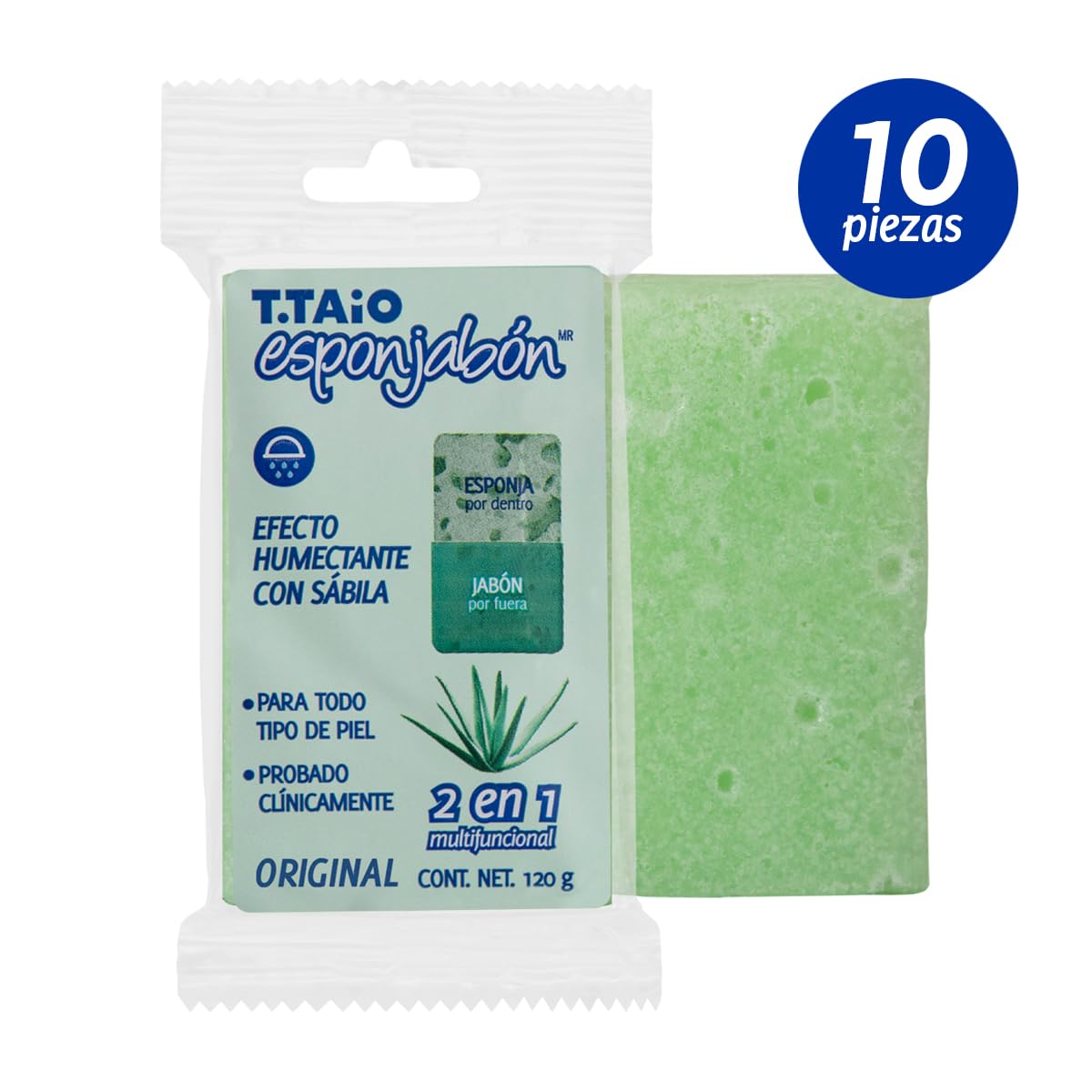 Jabón Corporal con Esponja Integrada 2 en 1, Exfoliación Suave, Aroma Sábila, Pack 10 Piezas, ESPONJABON T.TAIO