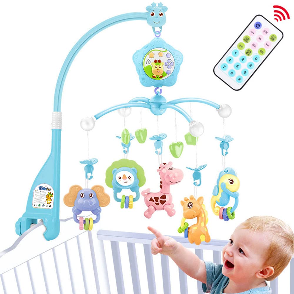 Baby Mobile for Crib, Baby Plush Crib Mobile with Lights and Music,Remote,Toys, Holder,Projector for Pack and Play (Blue) (Blue-Forest)