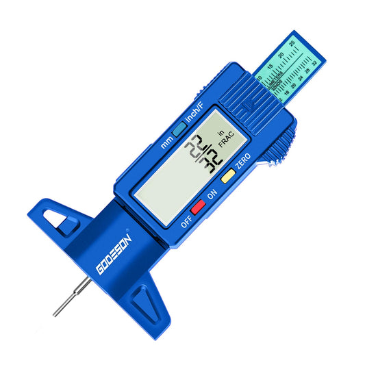 GODESON Medidor de profundidad de la banda de rodadura de neumáticos, medidor digital de profundidad de neumático con 3 modos de pulgada fraccionada, medidor de profundidad de neumático azul con barra