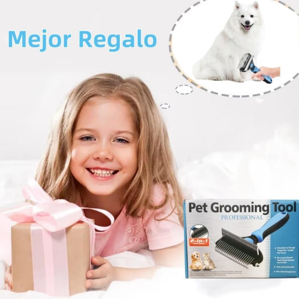 EDECOR Cepillo para Perros y Gatos, 2 en 1 Deslanador para Perro, Cepillo para Mascotas Quita Pelo, Peine Rastrillo para Perros para Eliminar Nudos y Enredos, Peine para Perros y Gatos de Pelo Corto o Largo (Azul)