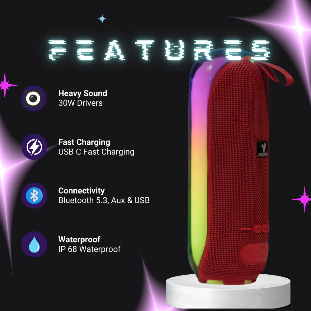 Altavoz Bluetooth Portátil Vernte Epoptis Negro con Espectáculo de Luz de Discoteca e Impermeable