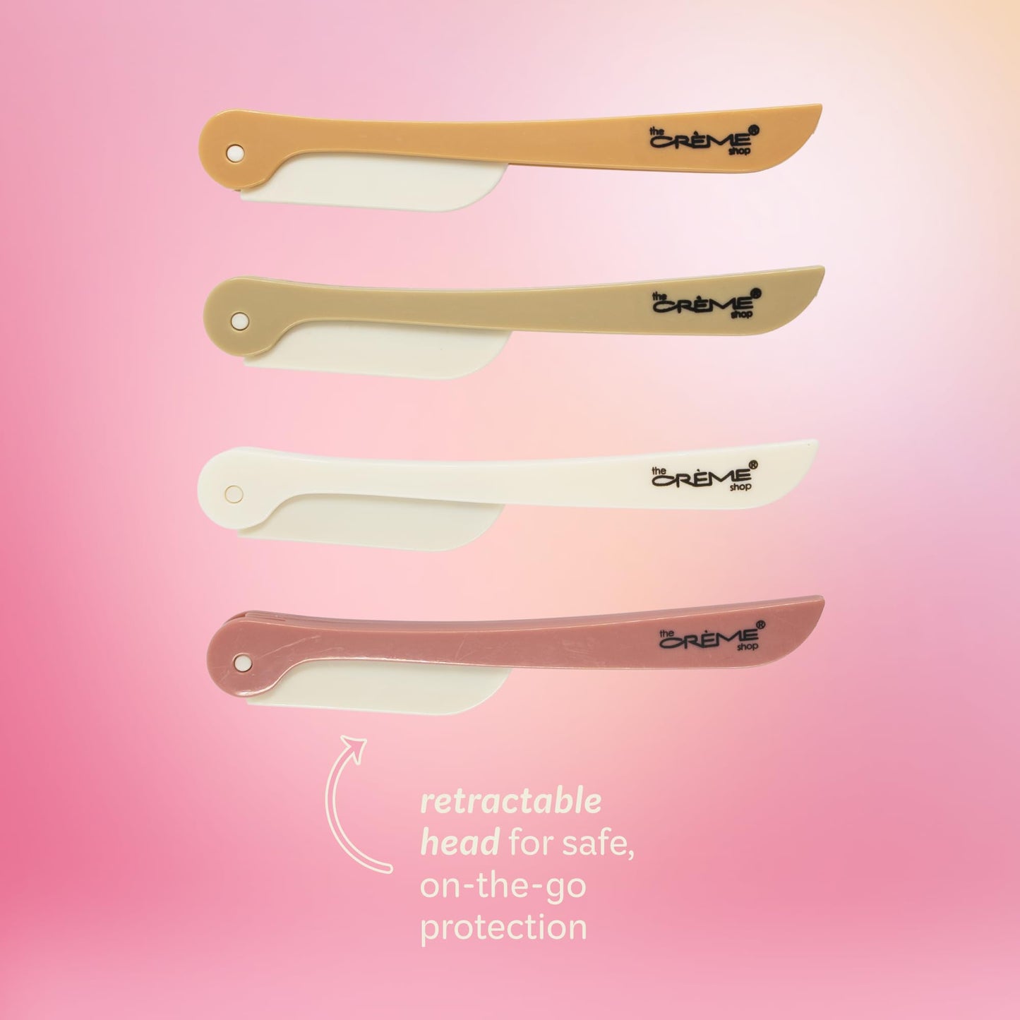 The Crème Shop Maquinillas de afeitar retráctiles multiusos para mujer – Juego de 4 maquinillas para rostro y cejas, herramienta para dermoabrasión | Artículos de aseo esenciales de tamaño viaje (rosa