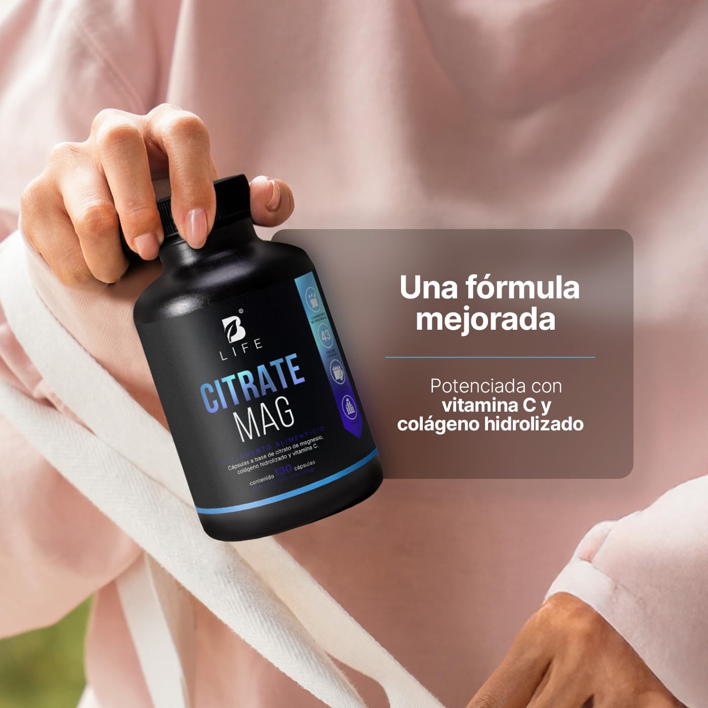 B Life Citrato de Magnesio Puro | 130 cápsulas | 2400 mg por porción | Alta absorción | Adicionado con Vitamina C y Colágeno Hidrolizado | Citrate Mag.