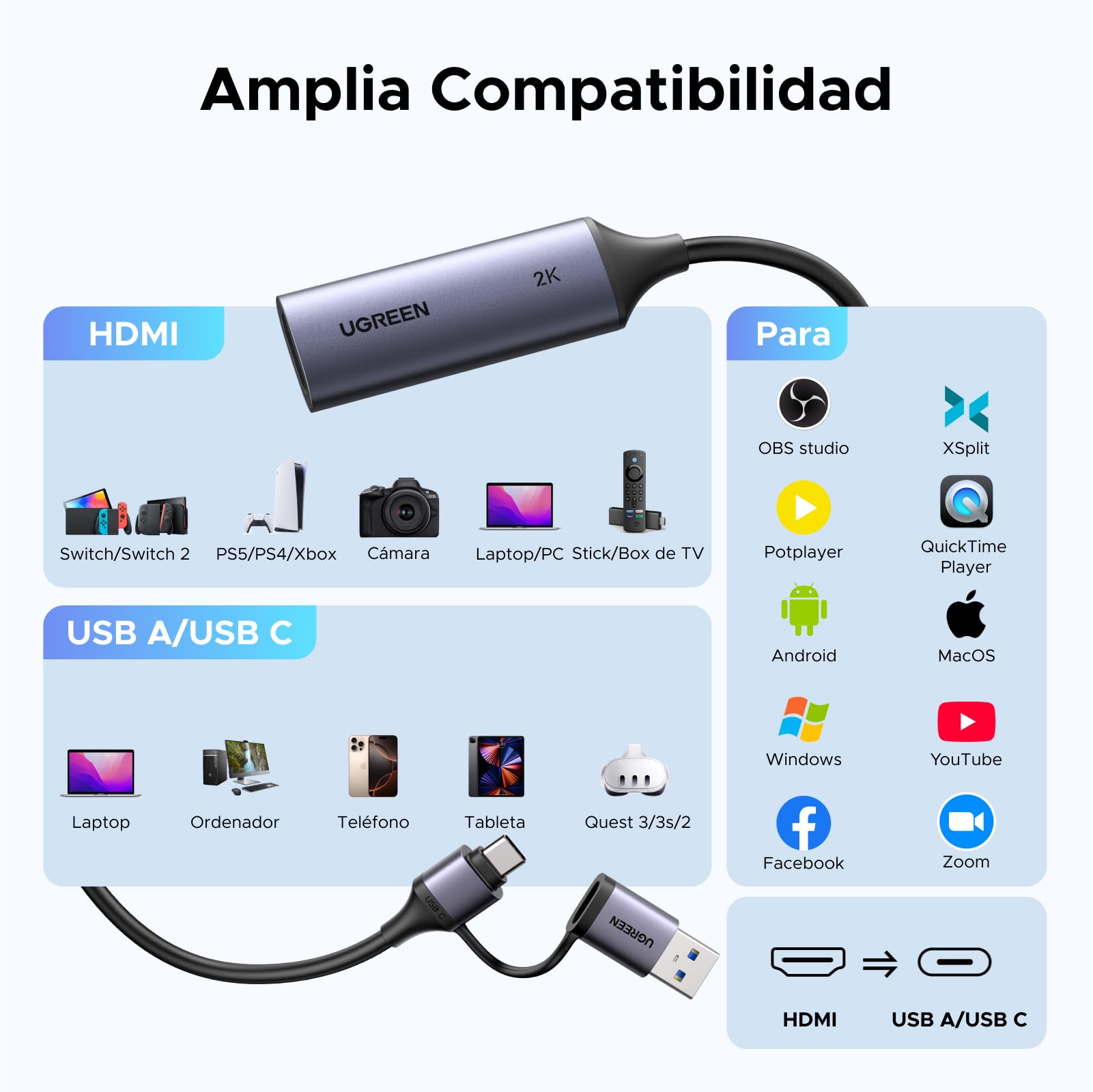 UGREEN 2K@30Hz Capturadora de Video, HDMI a USB 3.0 A y USB C, Entrada 4K@30Hz con Baja Latencia, Tarjeta de Captura de Video para Grabación de Juegos Compatible con Switch 2, PS5, Xbox, PC, Phone