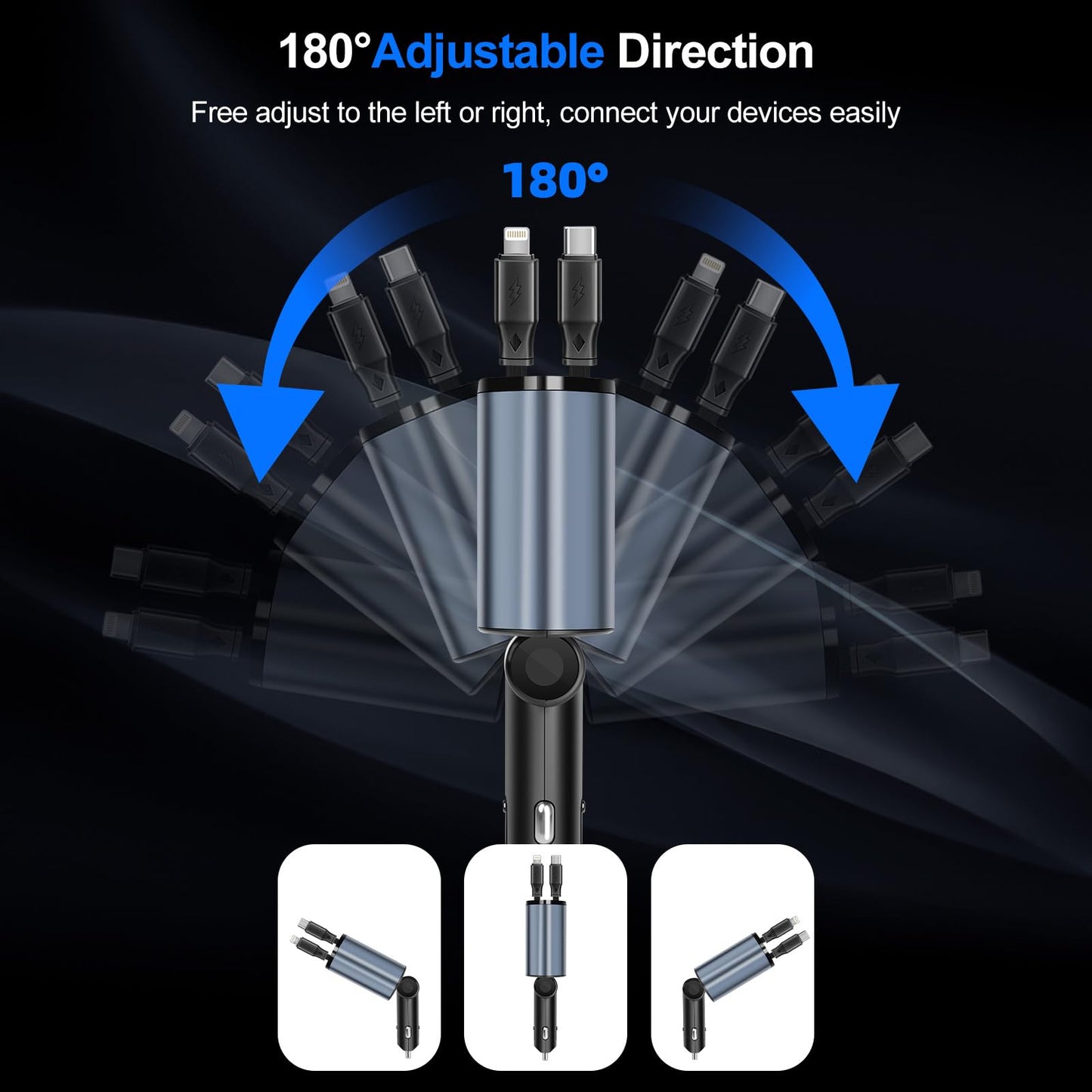 Lostrain Cargador para Auto Tipo C,Cargador de Carro 120W Total Carga Rápida 4 en 1(2 Cables Retráctiles+2 Puertos USB),Adaptador para Coche para Android iPhone 15/14/13 Huawei Xiaomi iPad