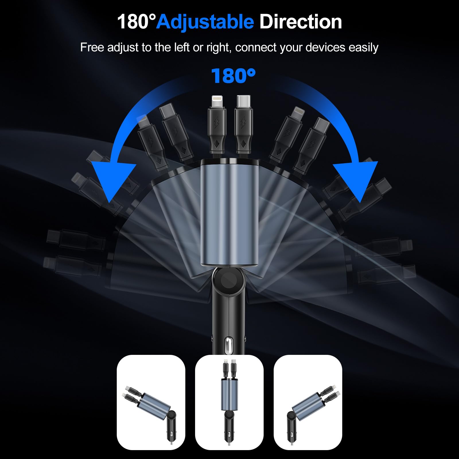 Lostrain Cargador para Auto Tipo C,Cargador de Carro 120W Total Carga Rápida 4 en 1(2 Cables Retráctiles+2 Puertos USB),Adaptador para Coche para Android iPhone 15/14/13 Huawei Xiaomi iPad