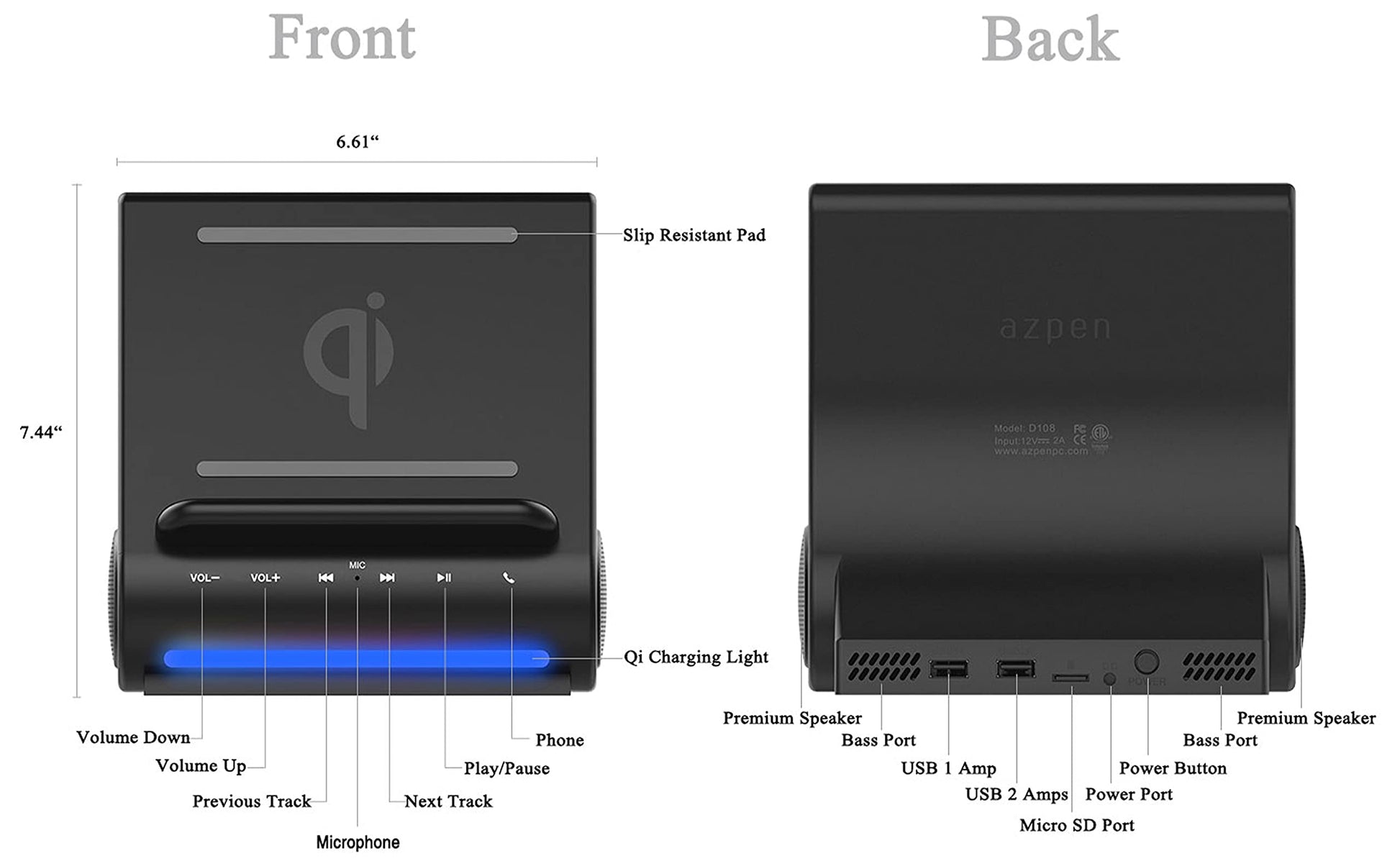 Azpen Dockall D100 - Qi Wireless Charger, Bluetooth Premium Speakers, Docking Station with Built in Mic Handsfree Call, 3 in 1 Station for iPhone and Samsung Phone