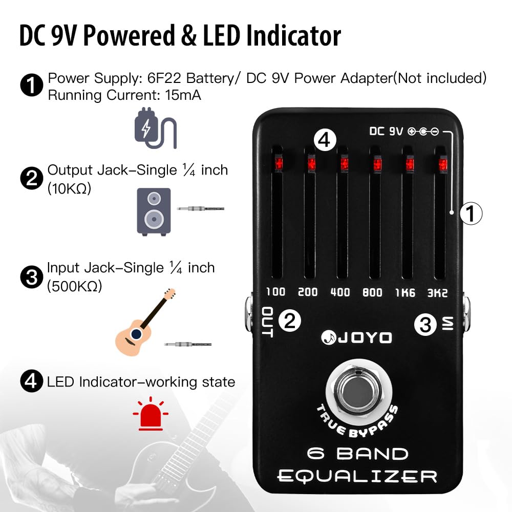 JOYO EQ - Ecualizador de guitarra eléctrica de 6 bandas (100 Hz, 200 Hz, 400 Hz, 800 Hz, 1,6 kHz, 3,2 kHz) proporciona ± 18 dB para cada banda (JF-11)