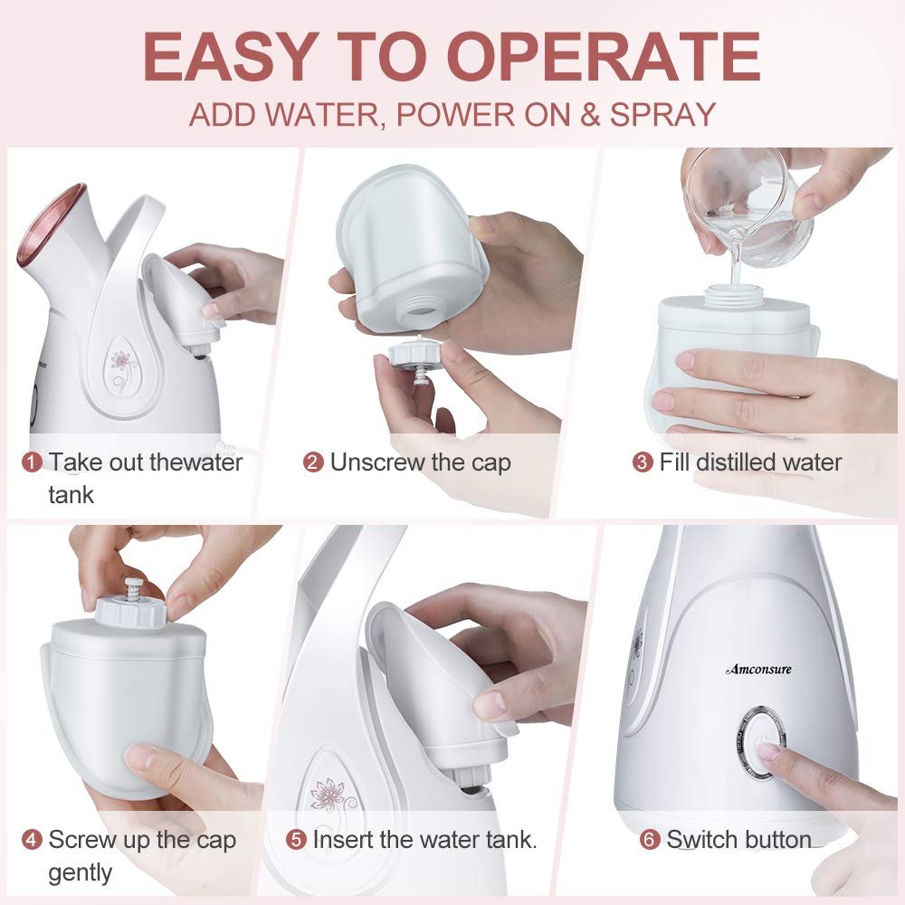 Amconsure - Vaporizador facial nano iónico para el hogar, humidificador facial cálido para mujeres, vaporizador facial hidratante para spa, desatasca los poros, kit de 5 piezas de piel de acero inoxidable y 2 estropajos faciales de silicona