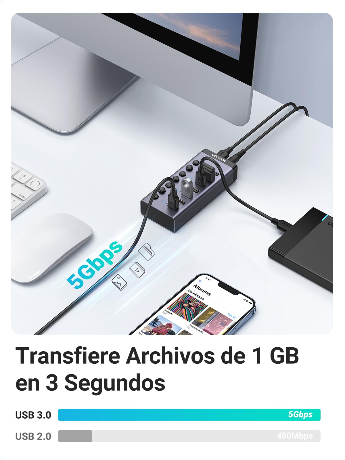 Hub USB 3.0 UGREEN Negro con 7 Puertos Independientes para PC, Portátil, Mac y MacBook Pro/Air