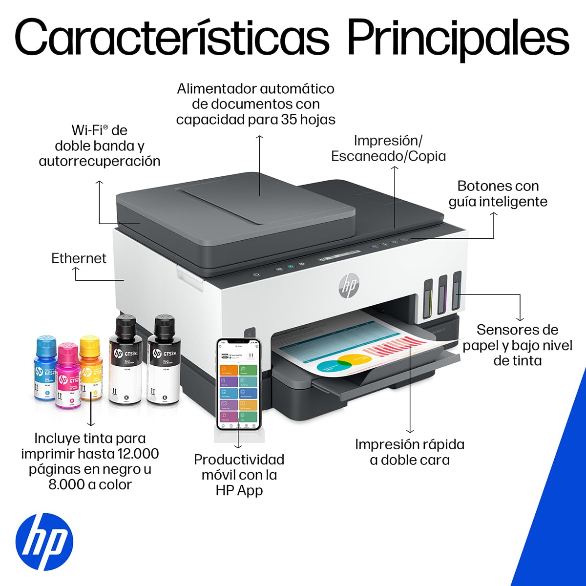 HP Impresora Multifuncional Smart Tank 750, Tinta Continua, Color, Wi-Fi, USB, Bluetooth, Dúplex (Doble Cara) & ADF Alimentador Automático, Impresión, escaneo, copiado (6UU47A)