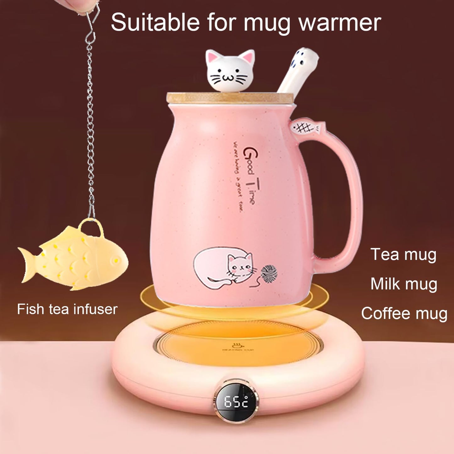 BigNoseDeer Taza de té Kawaii con infusor de gato lindo taza de café de cerámica, taza de té, color rosa, lindo, regalo para mujeres, amantes de los gatos, regalos de 13 onzas