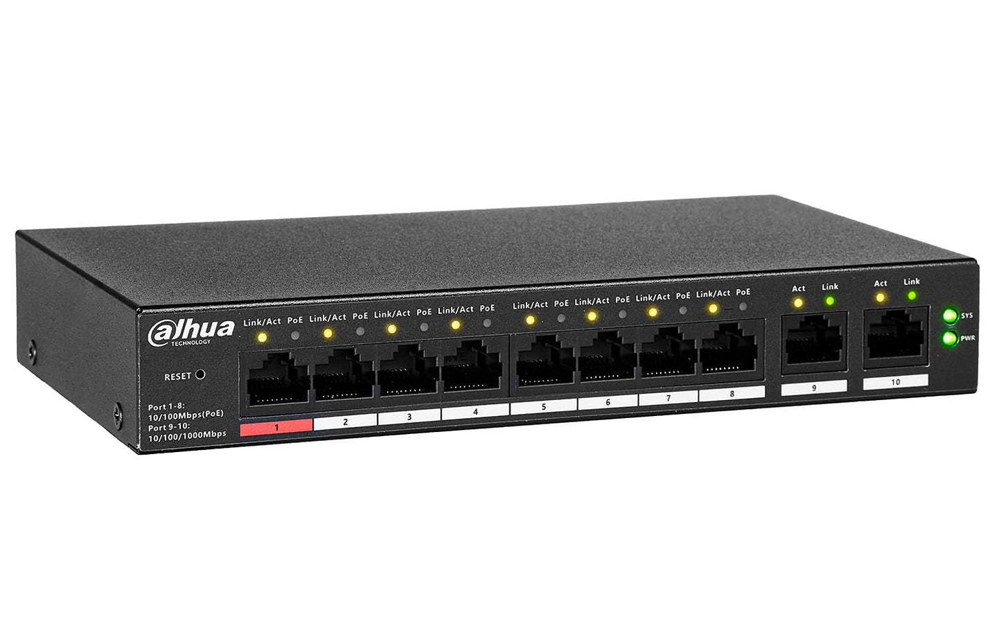 Dahua Switch 10 Puertos Fast Ethernet, 8 Puertos PoE 10/100/1000 + 2 Puertos Uplink, 110W, 5.6Gbits, DH-CS4010-8ET-110