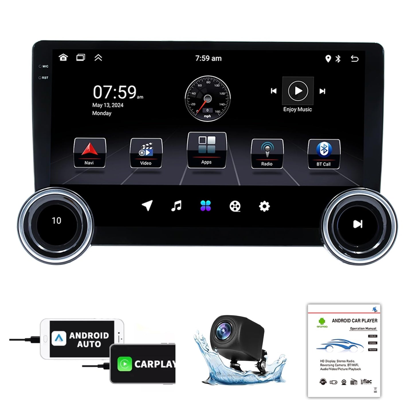 FINYQBET Pantalla Android para Auto de 10.1", Estéreo 2 DIN con CarPlay y Android Auto Inalámbrico, Bluetooth 5.1, GPS y WiFi, Compatible con Cámara de Reversa y Control de Volante