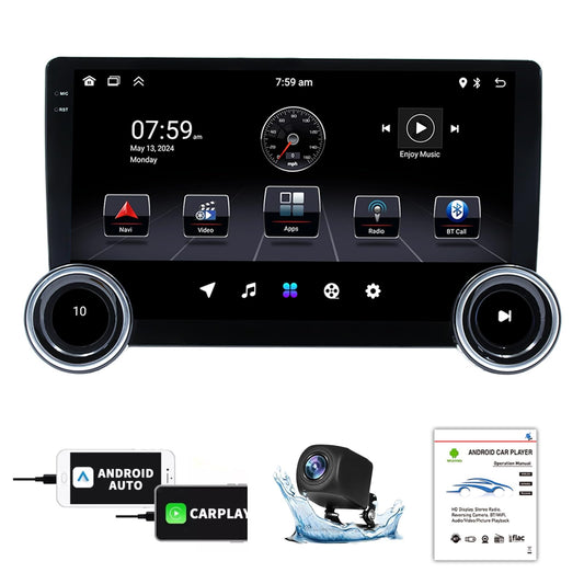 FINYQBET Pantalla Android para Auto de 10.1", Estéreo 2 DIN con CarPlay y Android Auto Inalámbrico, Bluetooth 5.1, GPS y WiFi, Compatible con Cámara de Reversa y Control de Volante