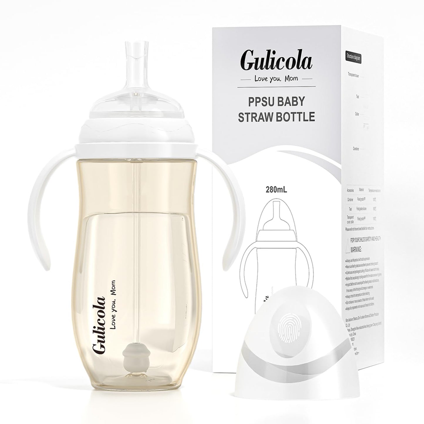 Gulicola - Biberón con pajita, taza de sorbo de paja con mango, sin BPA PPSU, 6 meses más, 9 onzas, transparente
