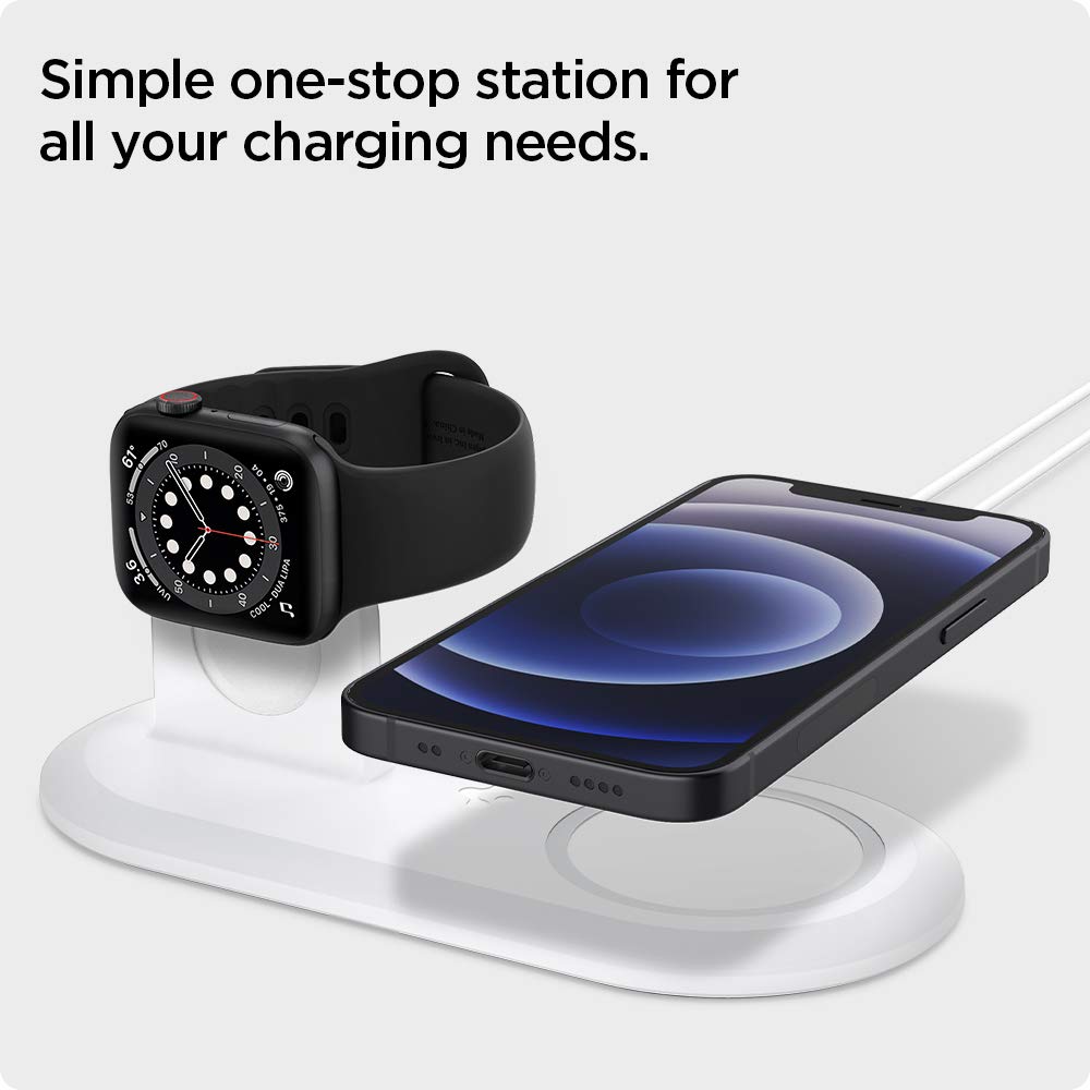 Spigen mag Fit Duo diseñado para Soporte de Cargador MagSafe para Modelos iPhone 16, iPhone 15, iPhone 14, iPhone 13, iPhone 12/Soporte Apple Watch para Todas Las Series/Airpods - Blanco