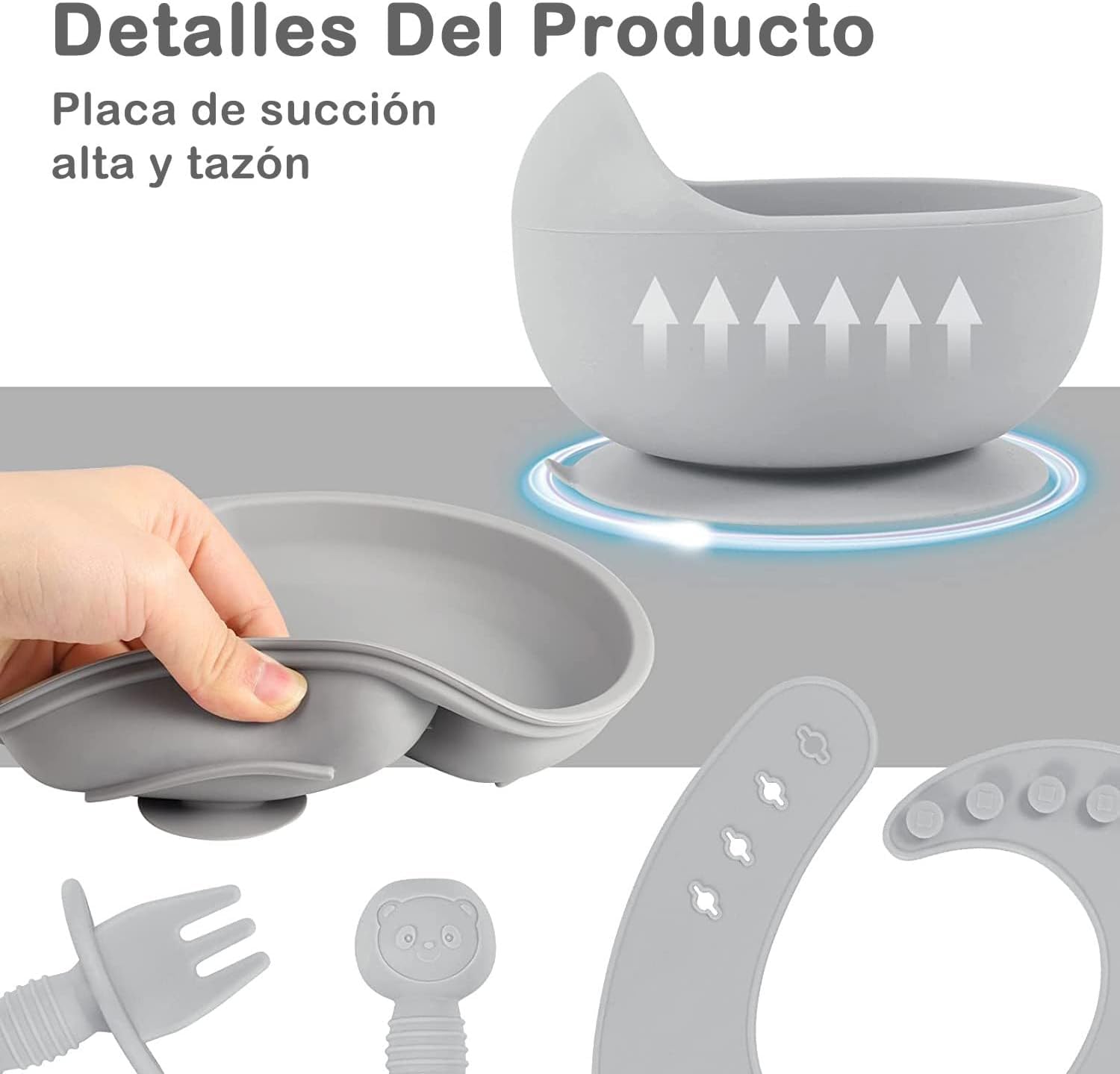 KAREN Platos para bebe silicon,9 Pcs Vajilla para niños de Silicona de Grado Alimenticio, Sin BPA,con pajitas, Cubierta de merienda,Cucharas y tenedores,baberos,Fácil de limpiar (Blanco)