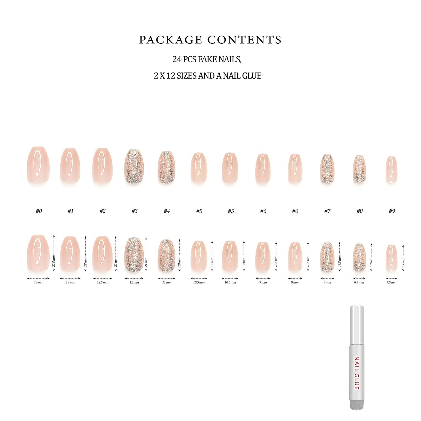 Hypnaughty 24 Pcs Nude Ballerina Press On Nails with Glue Medium Short Length Fake Nails with Glitter Design Glossy Acrylic Press On Nails Full Cover (Nude)