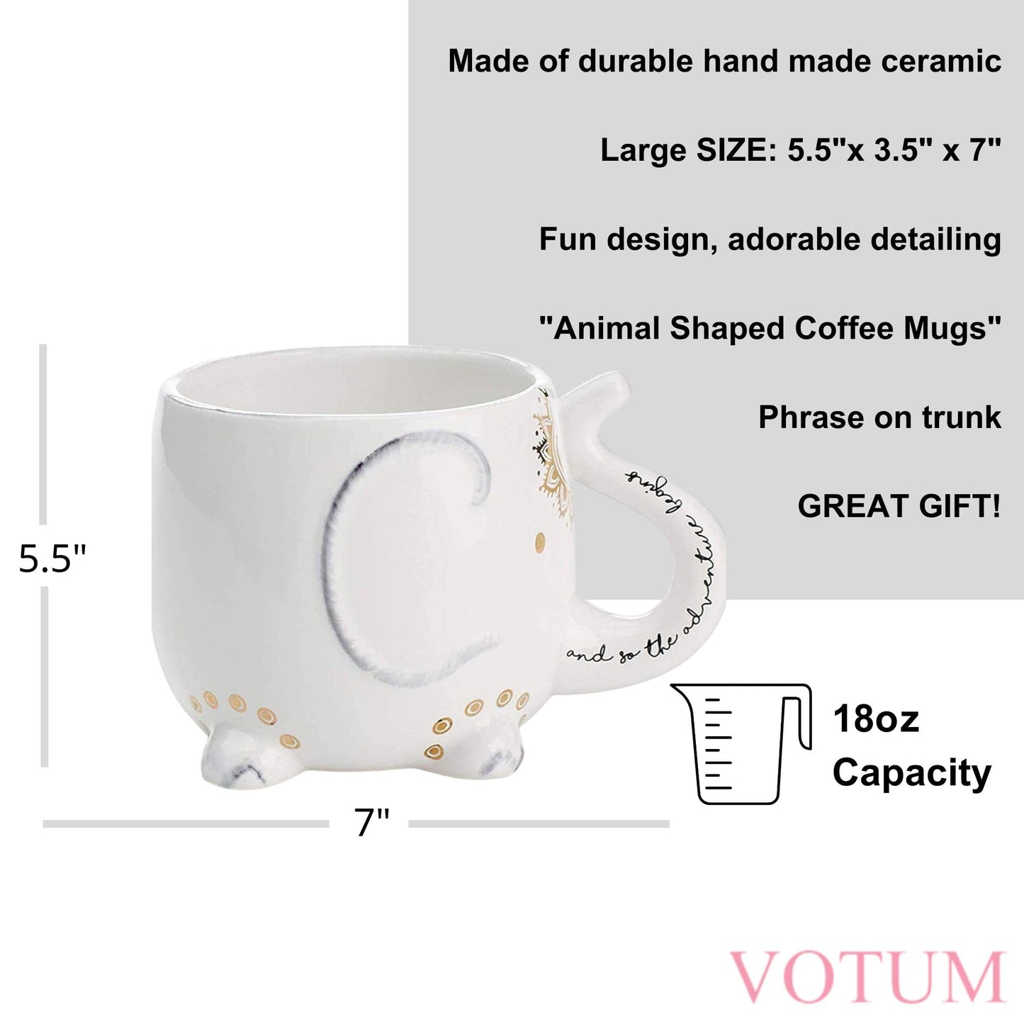Tazas de Cerámica Blanca con Diseño de Elefante Hechas a Mano 550 ml