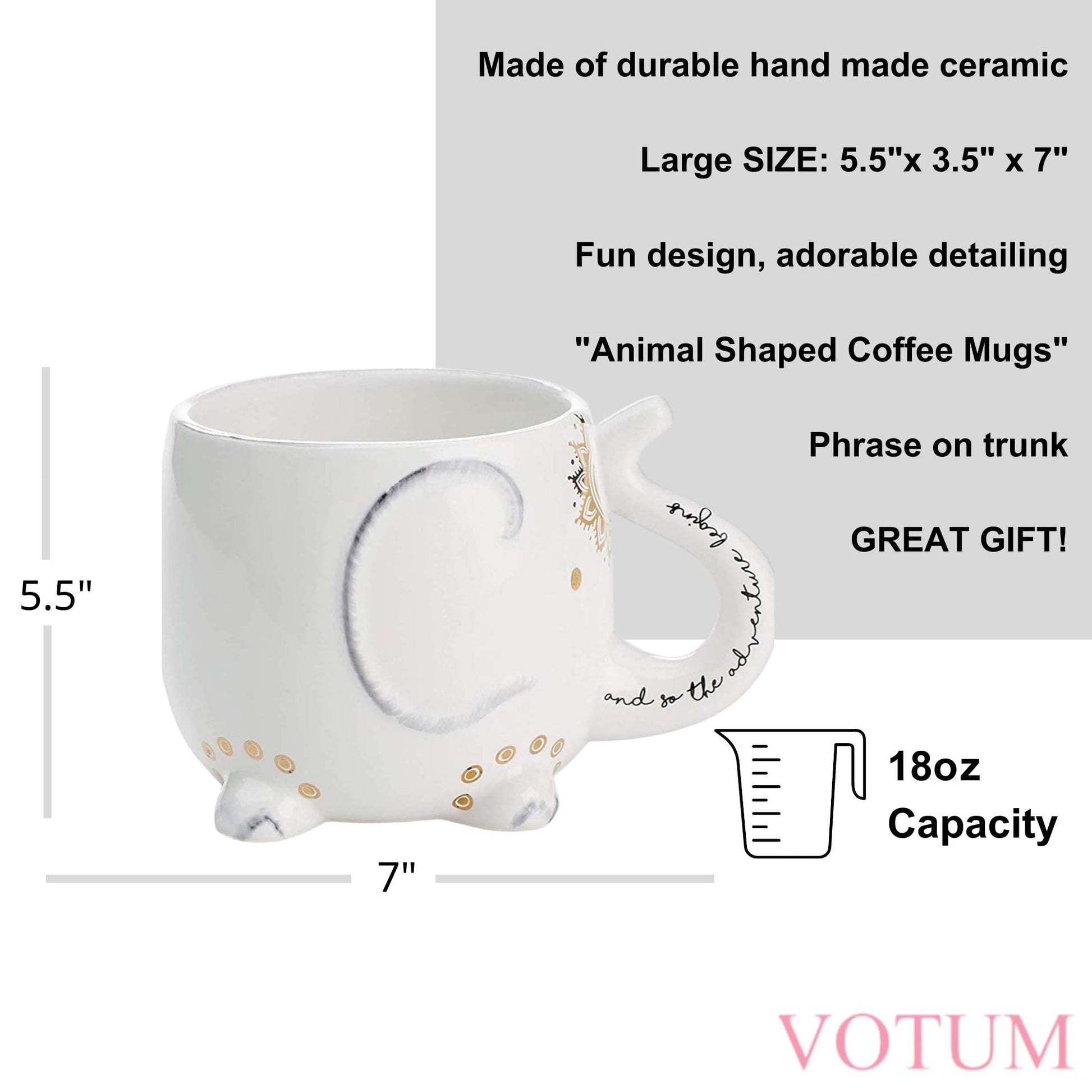 Tazas de Cerámica Blanca con Diseño de Elefante Hechas a Mano 550 ml