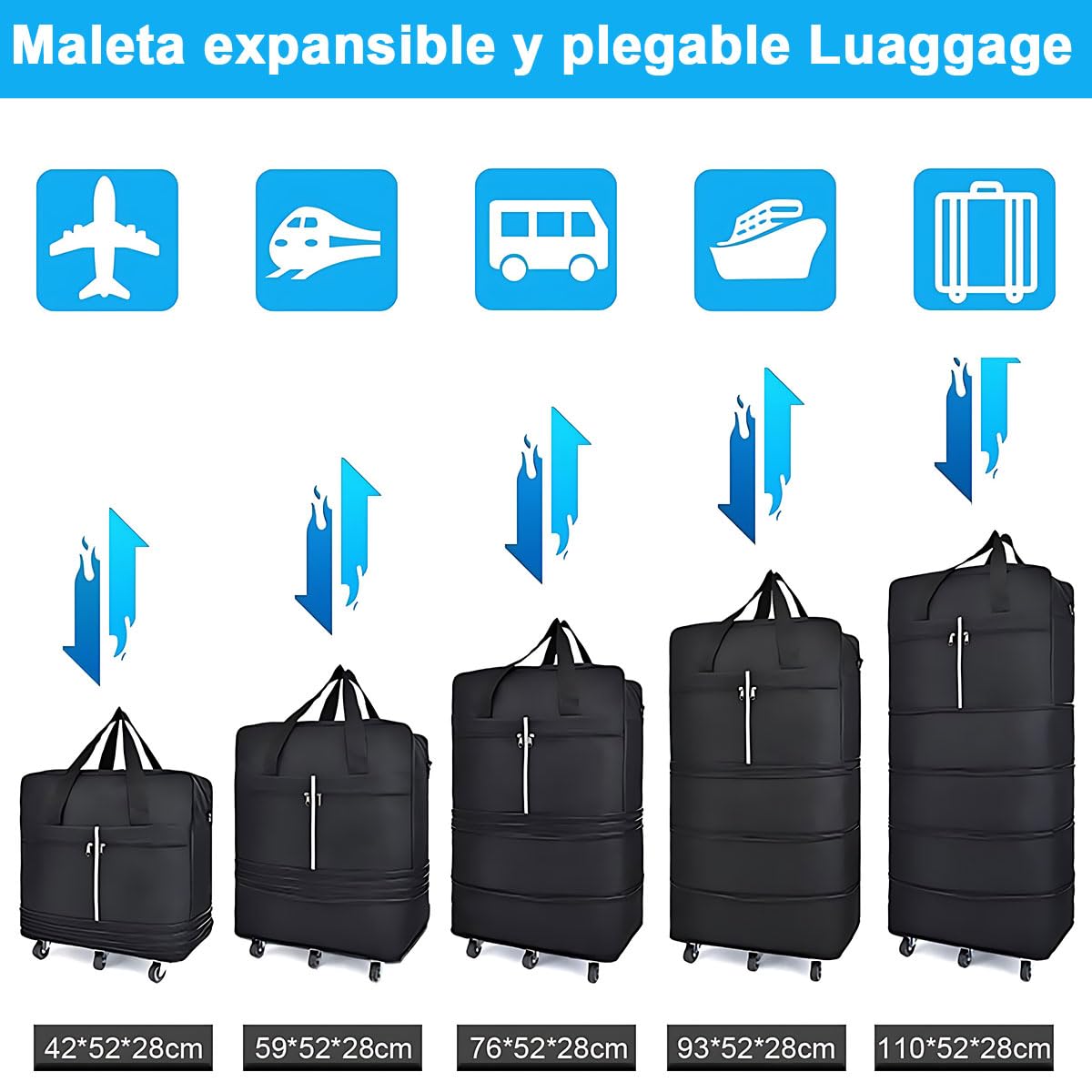 Bolsa de Equipaje AdooAdii Negra Gran Capacidad con Ruedas 360º Resistente y Ligera para Viajes Negocios y Hogar