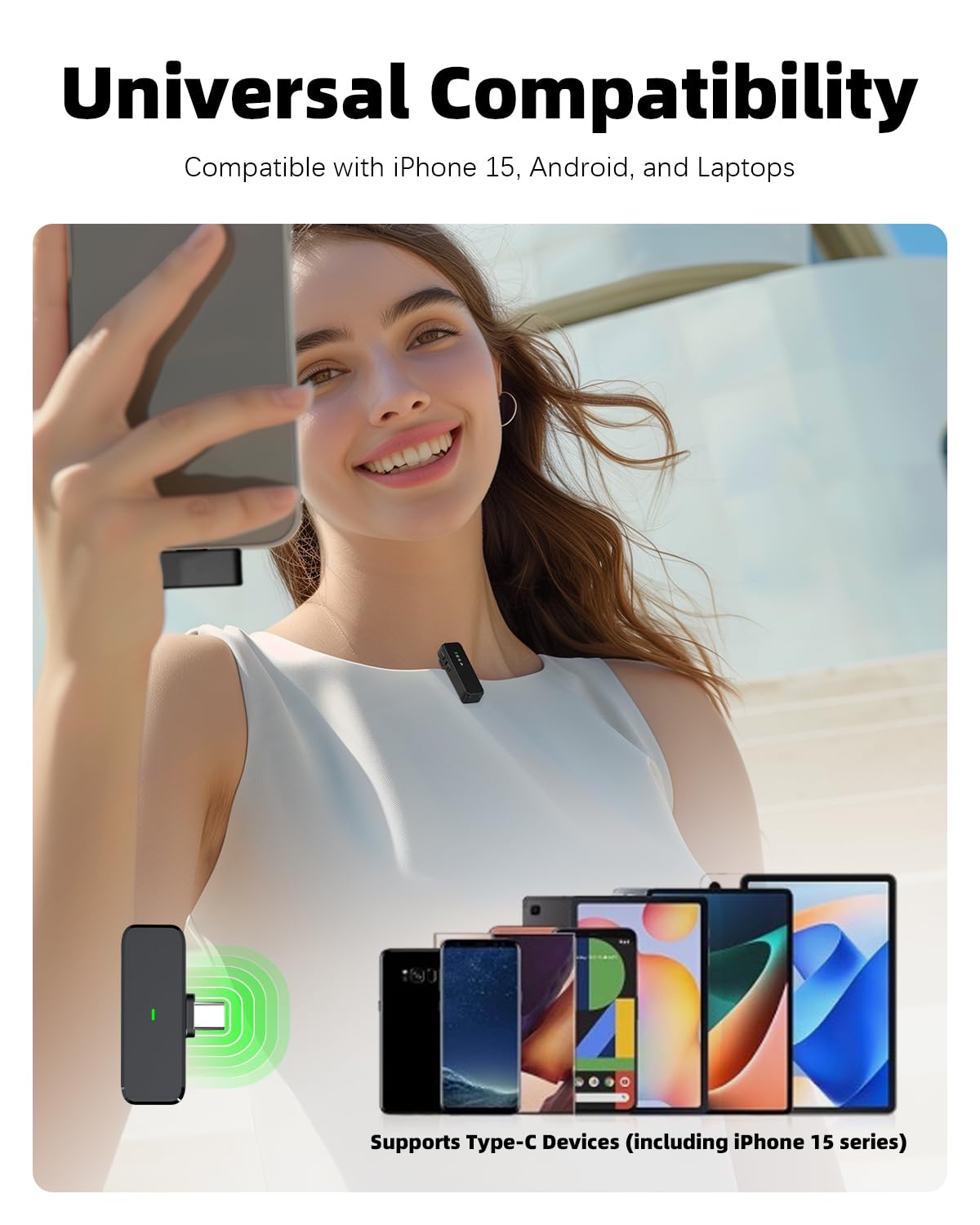 Micrófono Lavalier Inalámbrico USB Tipo C con Cancelación de Ruido para iPhone y Android 100 Pies 18 Horas de Batería