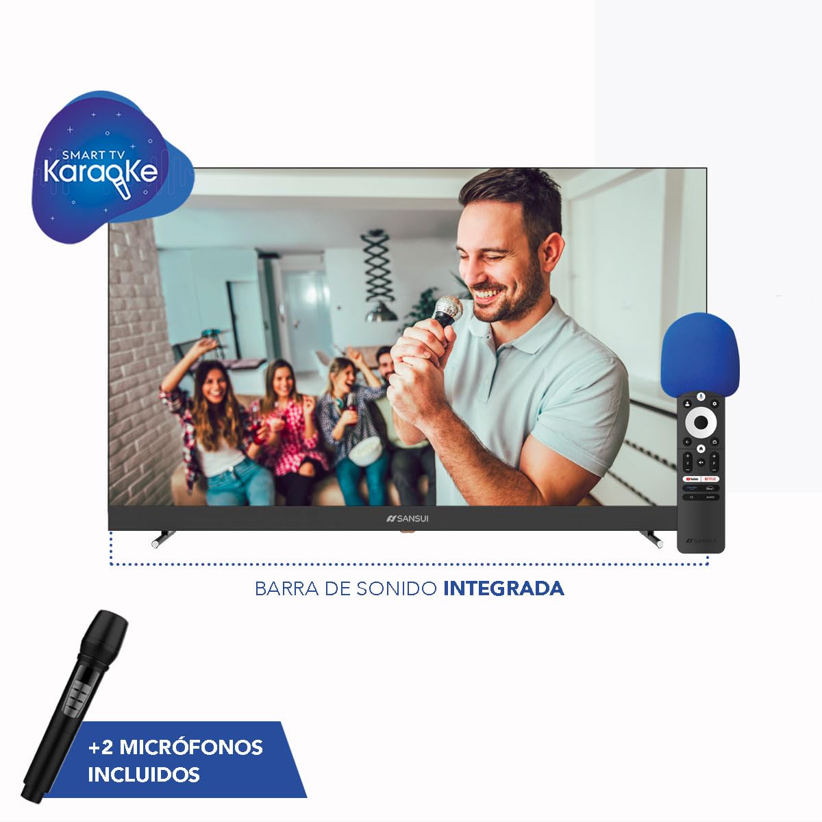 SANSUI Smart TV Karaoke 55" UHD DLED TV + Sound Bar, 2 microfonos incluidos