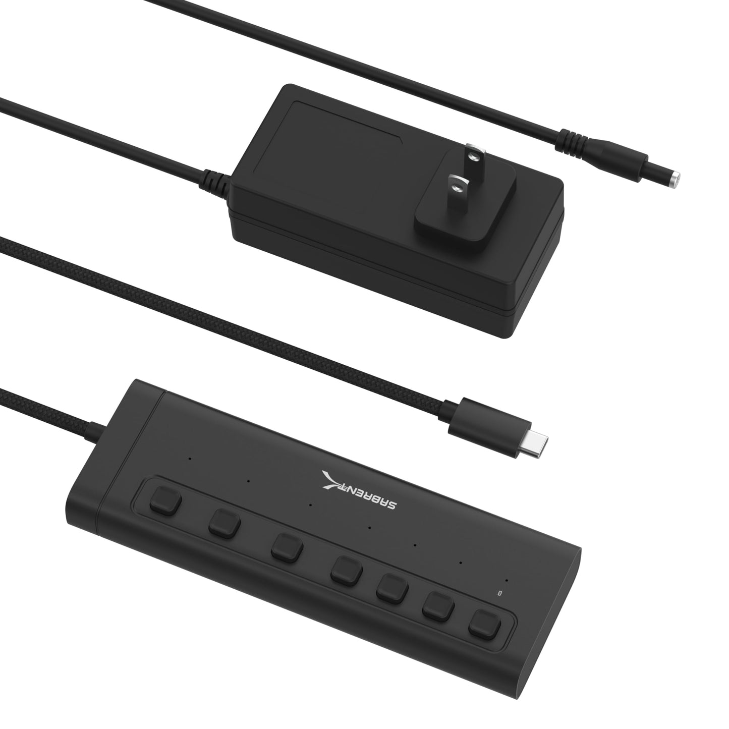 Concentrador USB-C SABRENT Negro de 7 Puertos con Interruptores de Alimentación y Carga Rápida