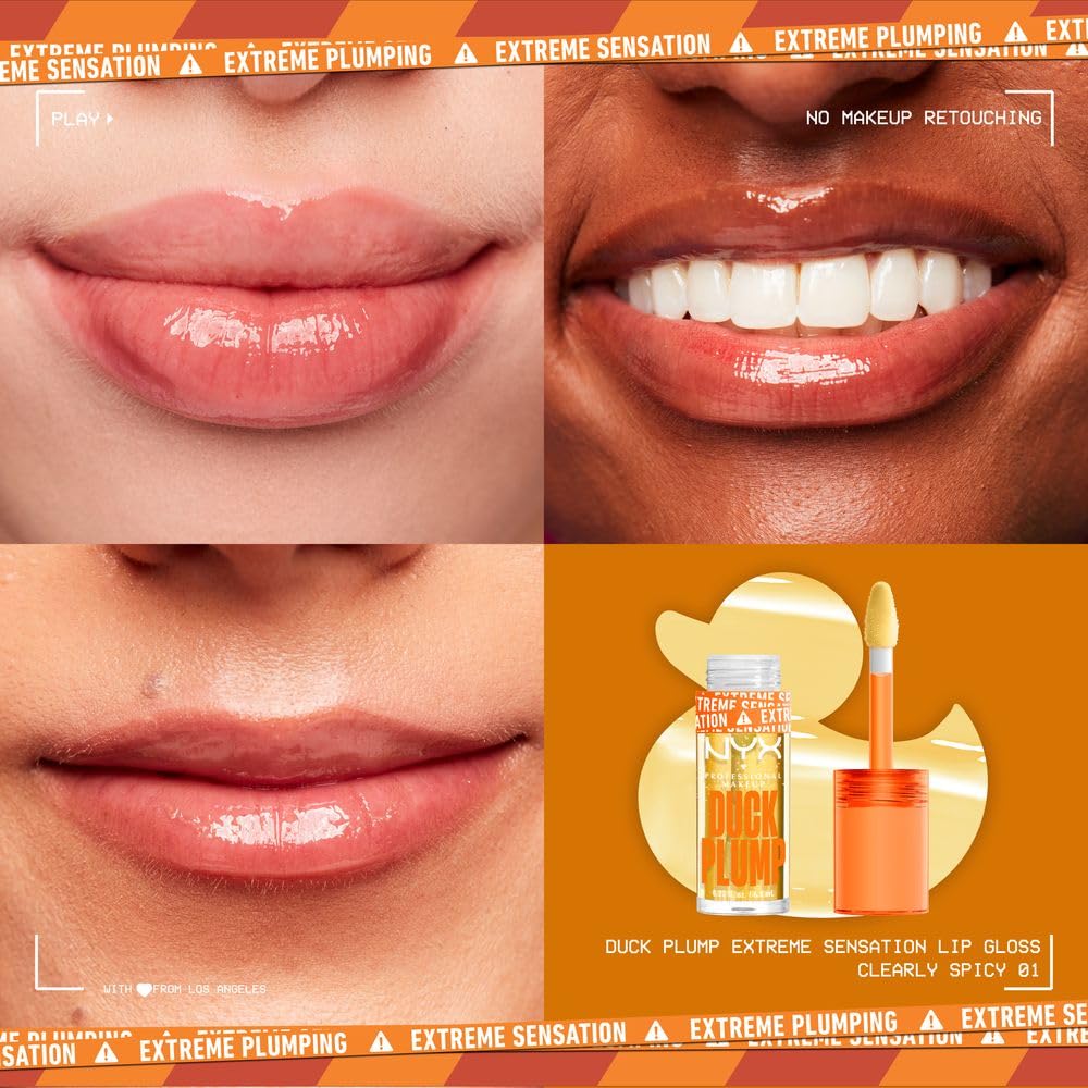 NYX Professional Makeup, Duck Plump, 7ml. Tono: Clearly Spicy (transparente). Brillo labial voluminizador con efecto plumping para un volumen instantáneo. Gloss infusionado con jengibre picante para un volumen visible y de larga duración. Fórmula vegana.