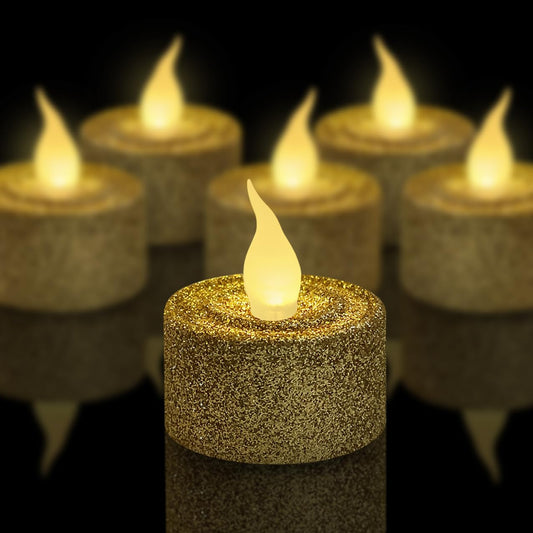 FURORA LIGHTING - Velas LED con purpurina dorada, paquete de 12, velas parpadeantes sin llama para decoración del hogar, 1.5 pulgadas de ancho x 1.65 pulgadas de alto, funciona con pilas
