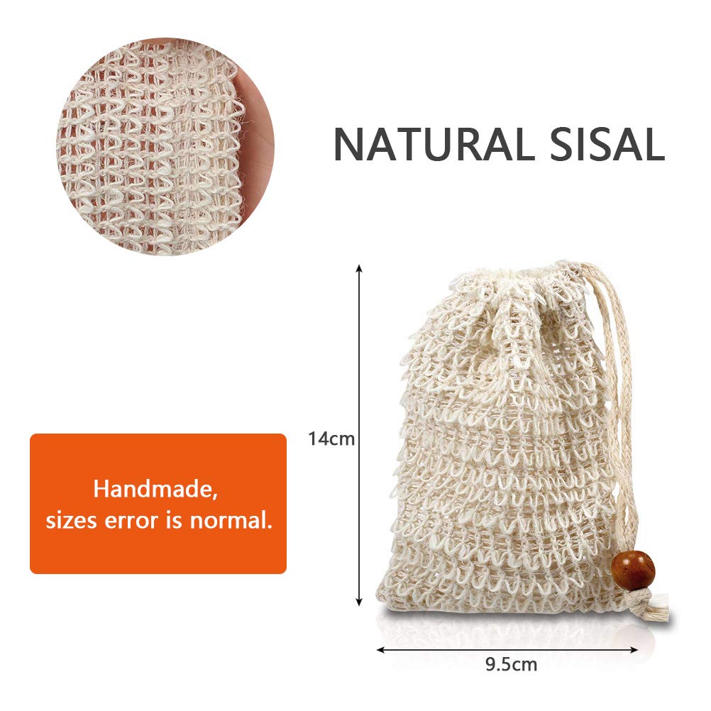 BUYGOO Paquete de 20 bolsas exfoliantes de jabón, bolsa de jabón de malla de sisal hecha a mano con cordón para uso en baño y ducha