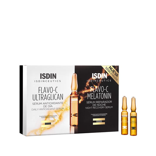 ISDIN Isdinceutics day & night flavo-c melatonin & ultraglican, serum facial antioxidante, hidratante y reparador con vitamina c, 20 ampolletas