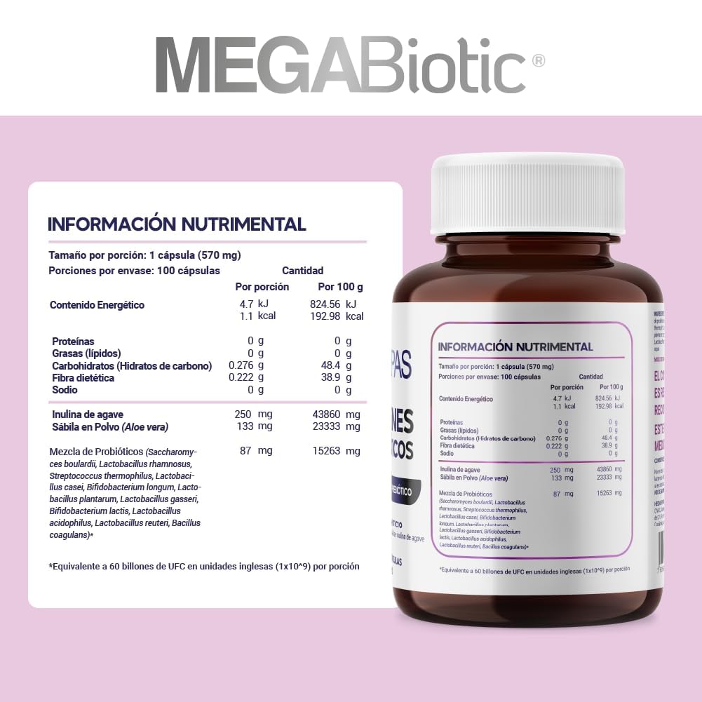 Suplemento Alimenticio MegaBiotic Probióticos 60 Billones 11 Cepas y Inulina de Agave Cont. 100 Caps.