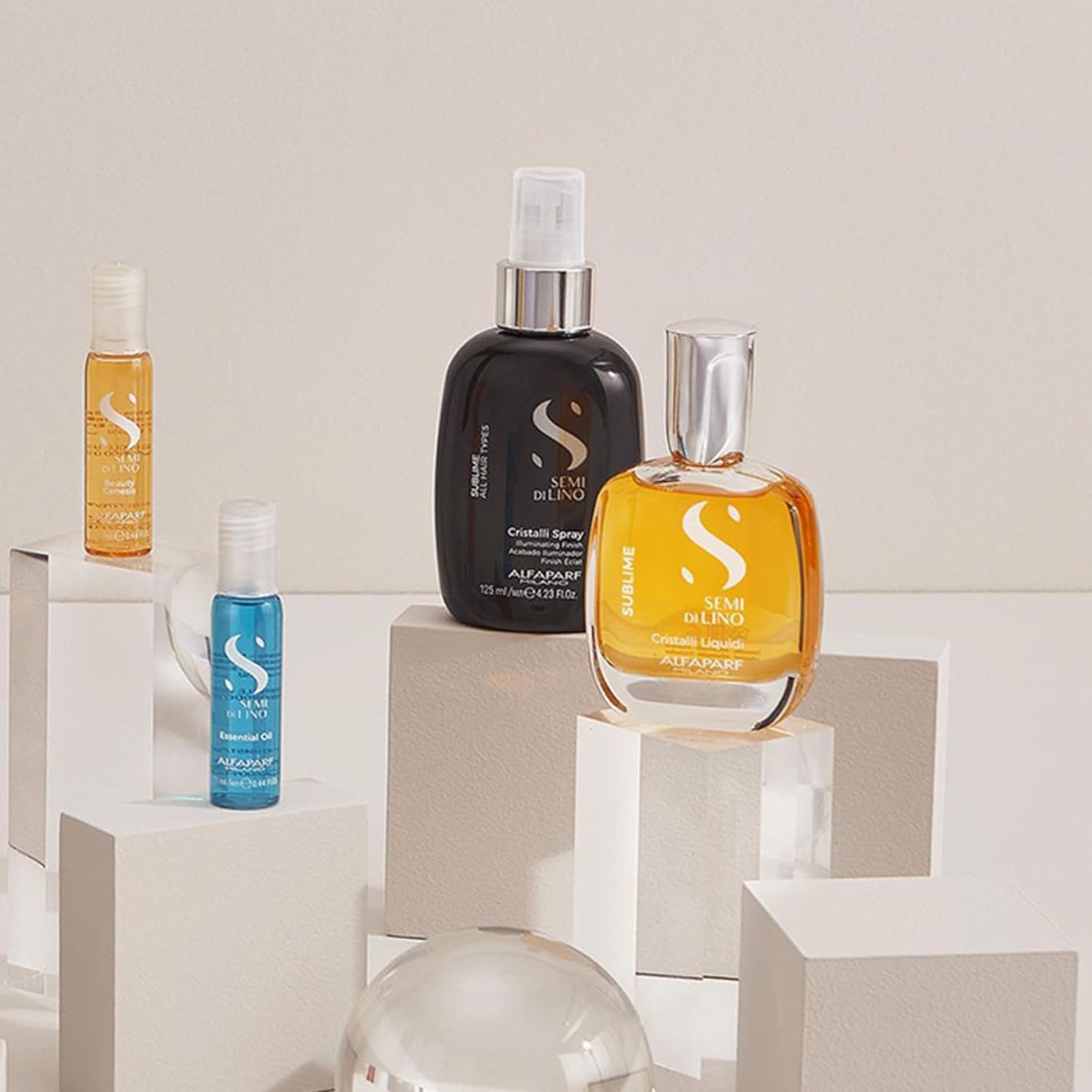 Spray de Acabado Ligero Alfaparf Milano Semi Di Lino Sublime Cristalli en Transparente, Brillo y Protección de Calidad Profesional