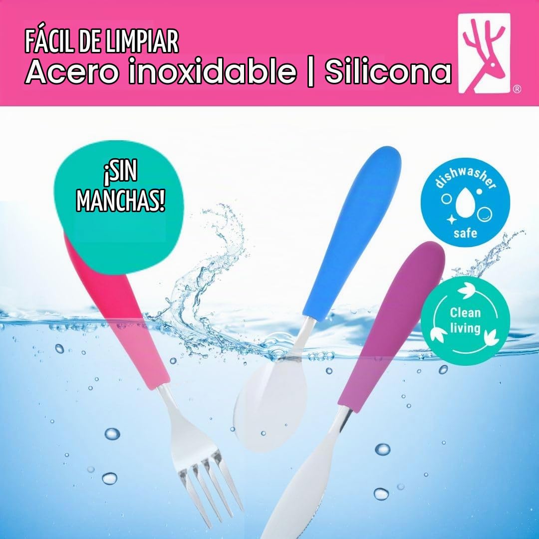 Elk and Friends Cubiertos para niños con mango de silicona | Cubiertos seguros para niños | Utensilios para niños | Juego de cuchara + tenedor + cuchillo | 4 años+ | 6 piezas