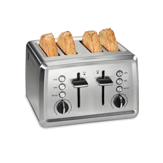 Hamilton Beach tostador de 4 rebanadas con ranuras extra anchas, ajuste de bagel, refuerzo de tostadas, bandeja de migas deslizable, cierre automático y botón de cancelación, acero inoxidable (24798)