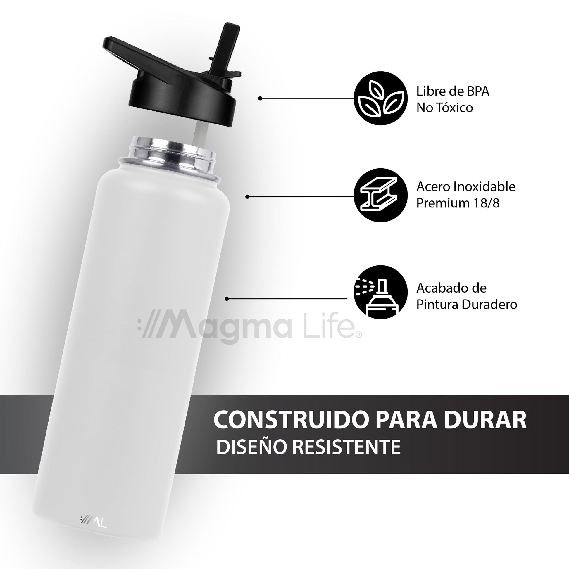 Magma Life Termo para Café y Agua de Acero Inoxidable 40 Oz (1200 ml): Contiene 3 Tapas para Diferentes tipos de Bebidas, Ideal para Mantener la Temperatura Deseada (White)