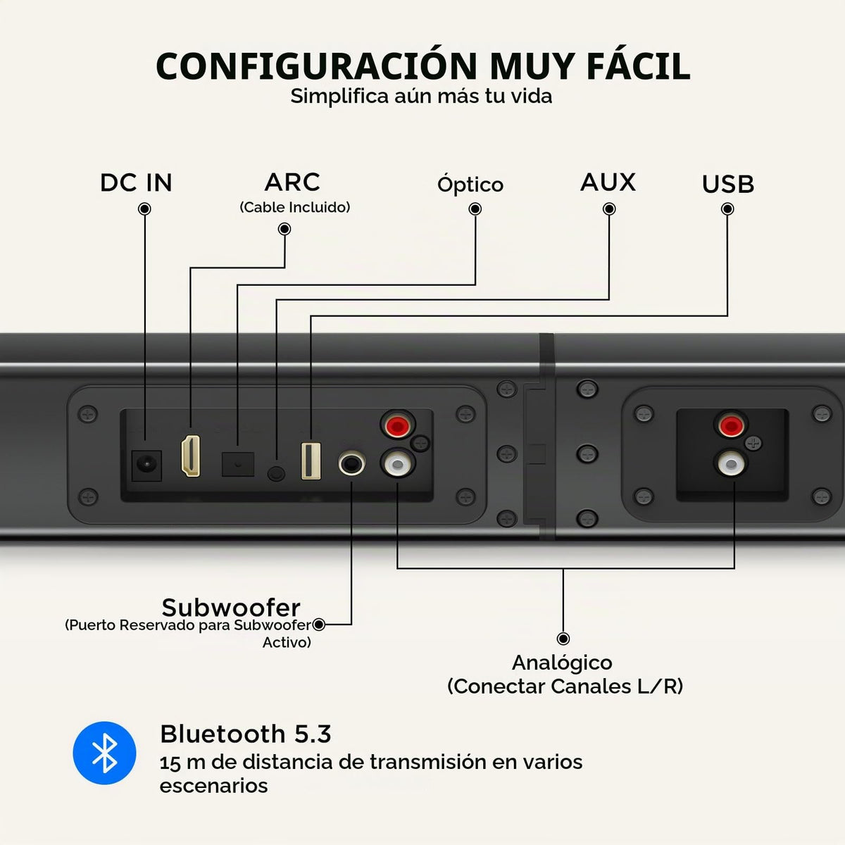 Barra de Sonido para Smart TV con Altavoz Bluetooth Desmontable y Graves Ajustables
