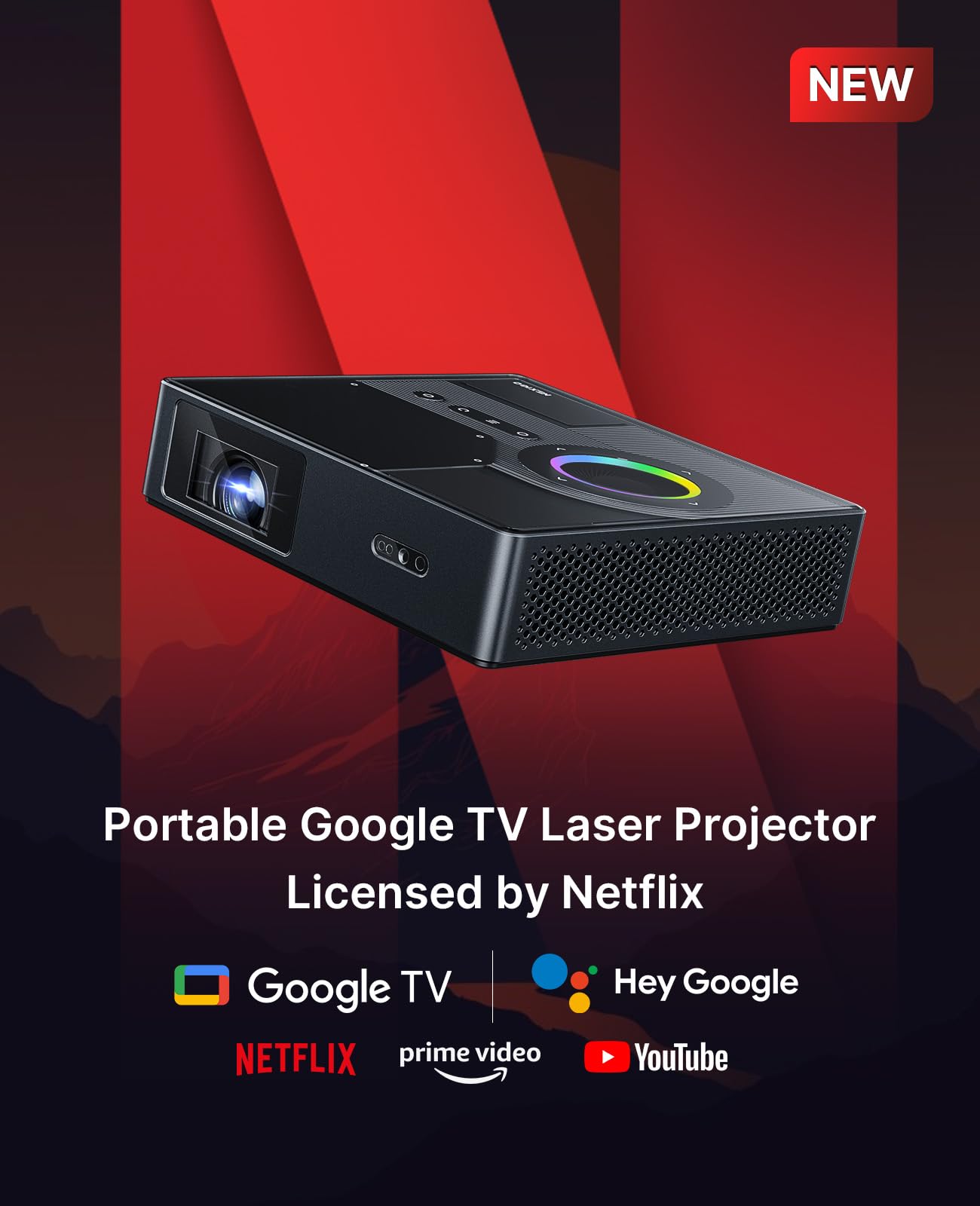 NexiGo Nova Mini, proyector láser portátil, Google TV con Netflix, 1080p FHD, 1200 lúmenes, Contraste de 15000:1 con SAE, 3D, configuración automática, Pantalla de 150", Dolby Audio de 8 W