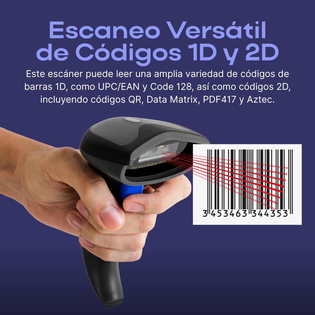 Escáner de Código de Barras 2D Inalámbrico Bluetooth Alta Velocidad 65m para Inventario y Punto de Venta