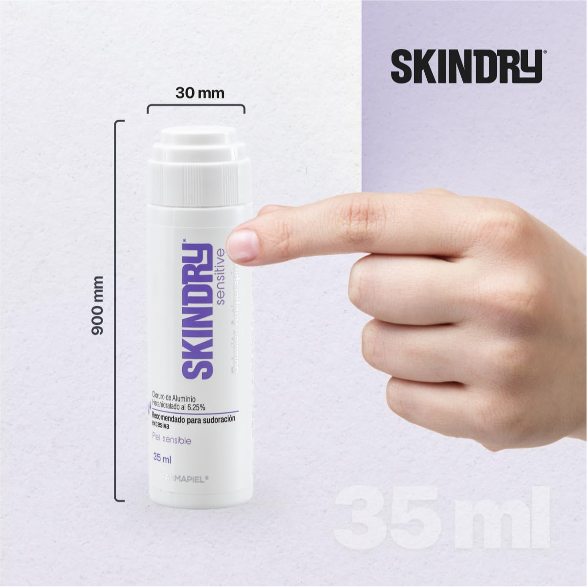 SKINDRY Sensitive Desodorante Mujer y Hombre para Pieles Sensibles | Sudoración Excesiva | 48 hrs de Protección | Antitranspirante Natural para Axilas, Pies, Manos, Espalda, Cuero Cabelludo | 35 ml