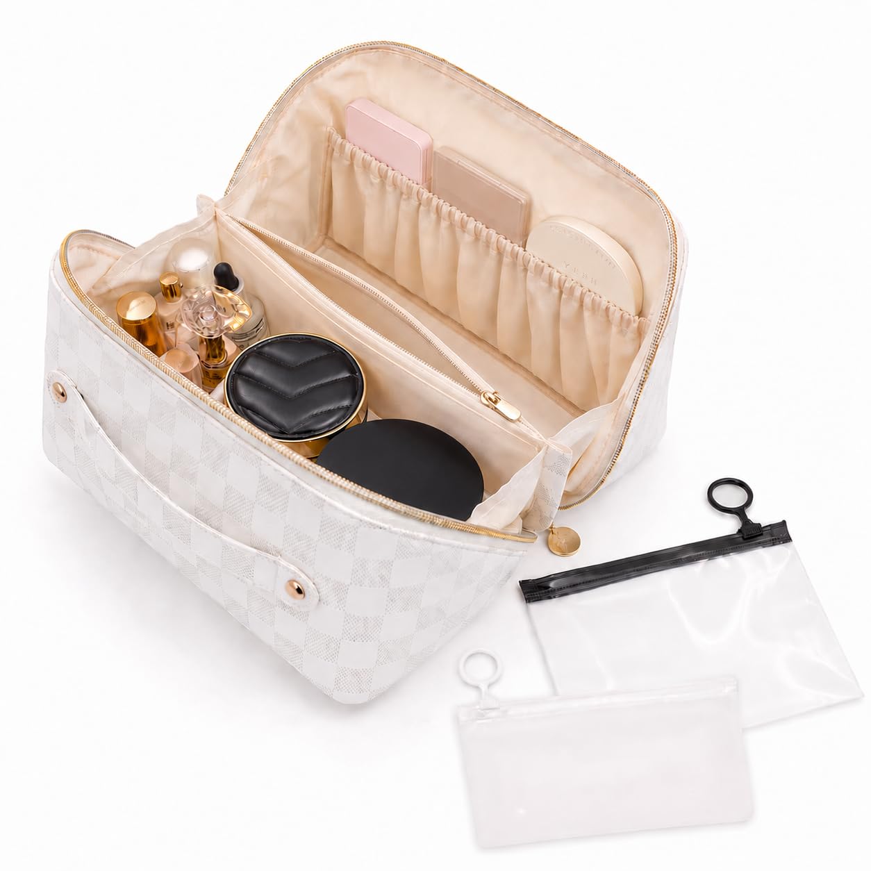 Meruya Bolsa de maquillaje de viaje, organizador de cosméticos de múltiples bolsillos con apertura amplia y divisor, bolsa de aseo de piel sintética con 2 mini bolsas de almacenamiento, Blanco