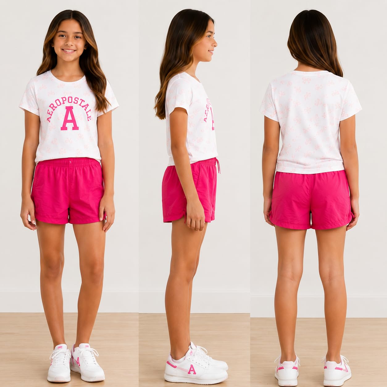 AEROPOSTALE Conjunto de shorts para niñas - 2 piezas Camisetas suaves de manga corta con estampado y shorts de sarga o mezclilla Conjuntos de verano para niñas, Talla 10-12, Blanco Rosa