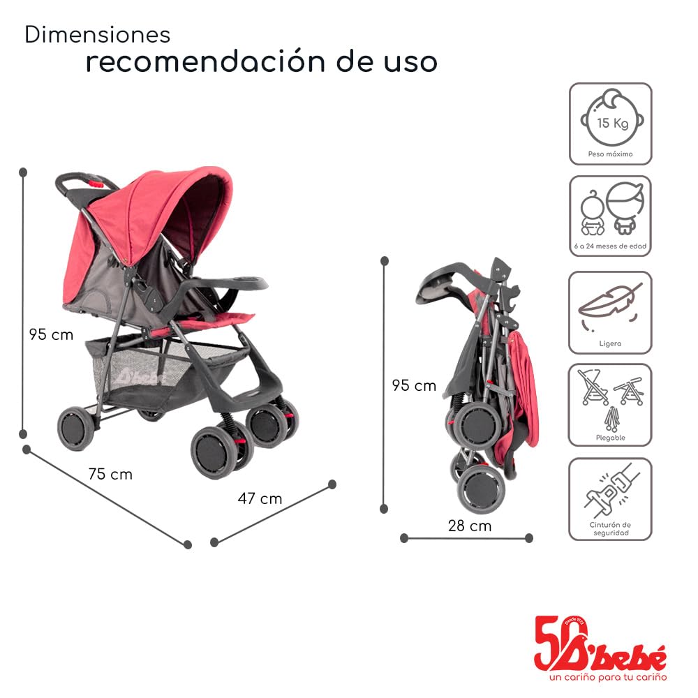 D´BEBÉ - Carriola Citi - Carriola Cómoda y Ligera por su Respaldo Reclinable - Fácil de Transportar - Ideal para Bebés desde 3 Meses de Edad hasta los 2 Años - Color Rosa