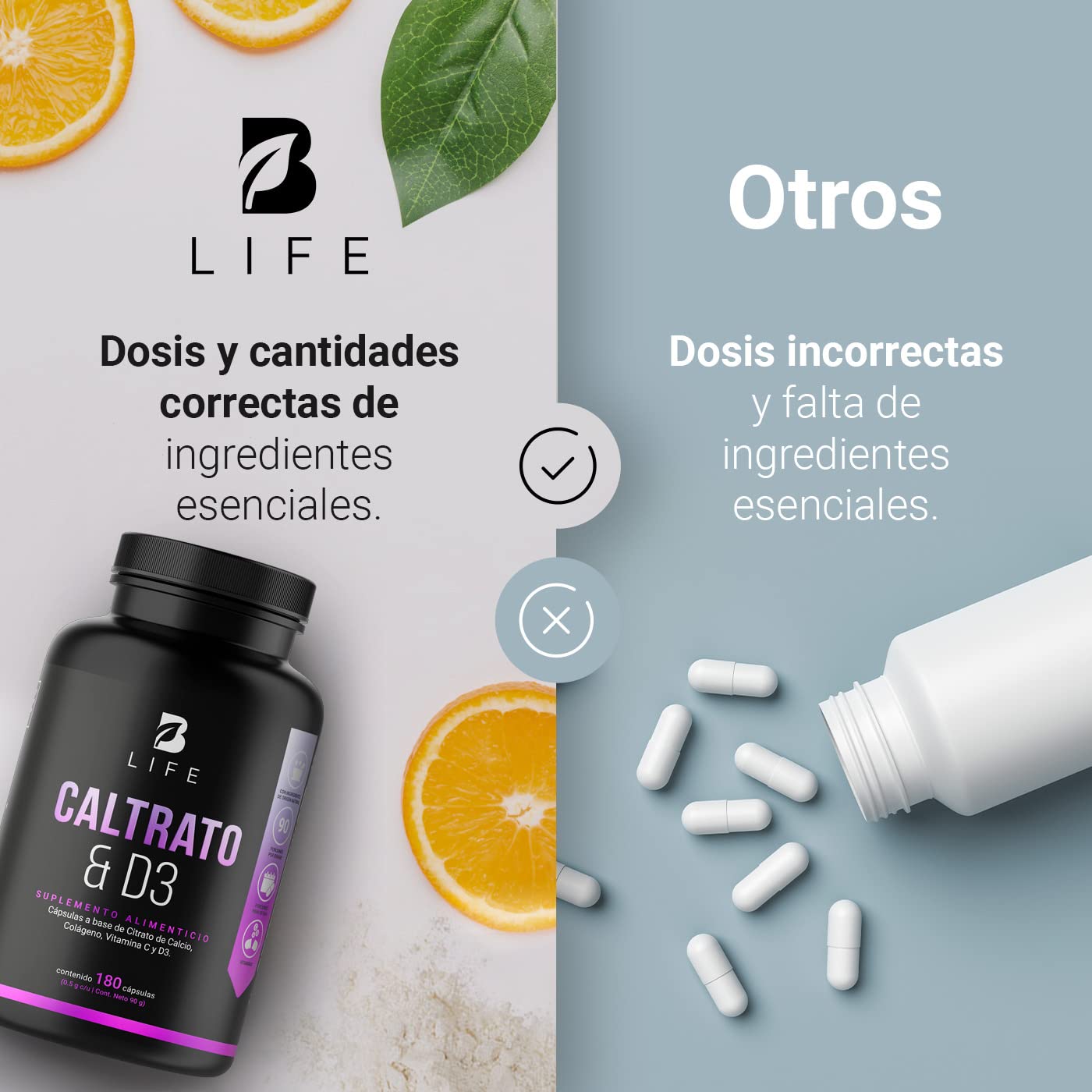 Citrato de Calcio de 180 Cápsulas 1000 mg por porción, Adicionado con D3, Colágeno Hidrolizado y Vitamina C. Caltrato & D3 B Life.