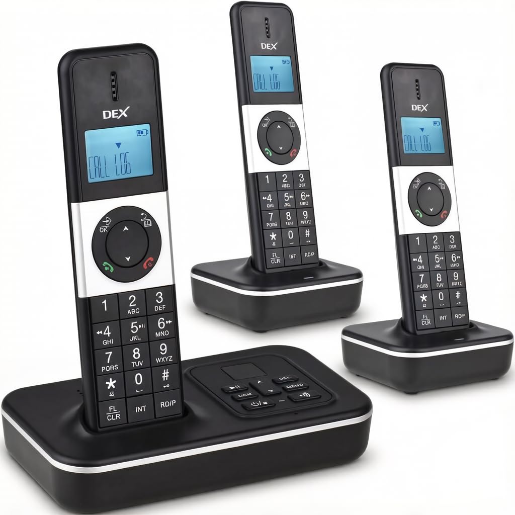 D1002 TAM-T Teléfono Inalámbrico de 3 Auriculares, con Contestador Automático Identificador de llamadas/llamada en espera, Pantalla LCD de 3 líneas de 1,6 pulgadas, Baterías recargables con 16 idiomas