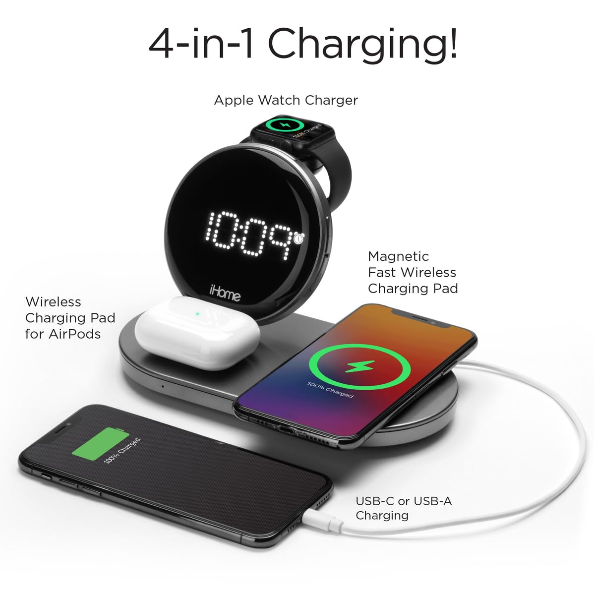 iHome POWERBOOST Quad 4 en 1 Dual Qi Cargador rápido inalámbrico, carga de Airpod, cargador Apple Watch y reloj despertador de carga USB, salida de potencia total de 30 W (iWW33)