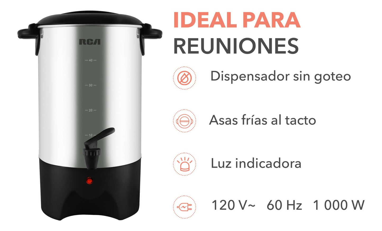 Cafetera RCA Acero Inoxidable 40 Tazas con Tapa con Bloqueo y Sistema Antigoteo para Hogar u Oficina